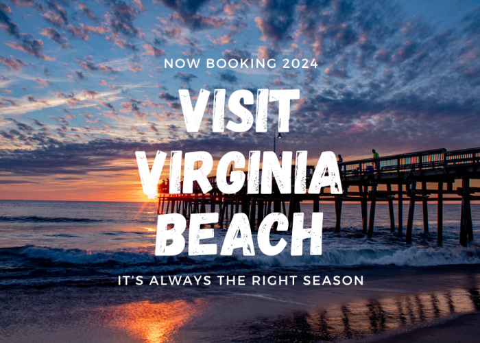 image of sunset with words "Visit Virginia Beach" overlayed on it