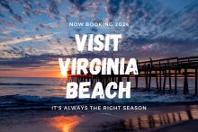 image of sunset with words "Visit Virginia Beach" overlayed on it