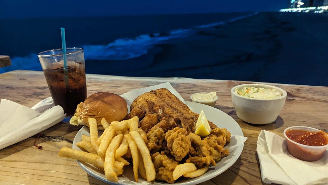 Fries, seafood, and a refreshing beverage after a day at the beach at Ocean Eddie's.