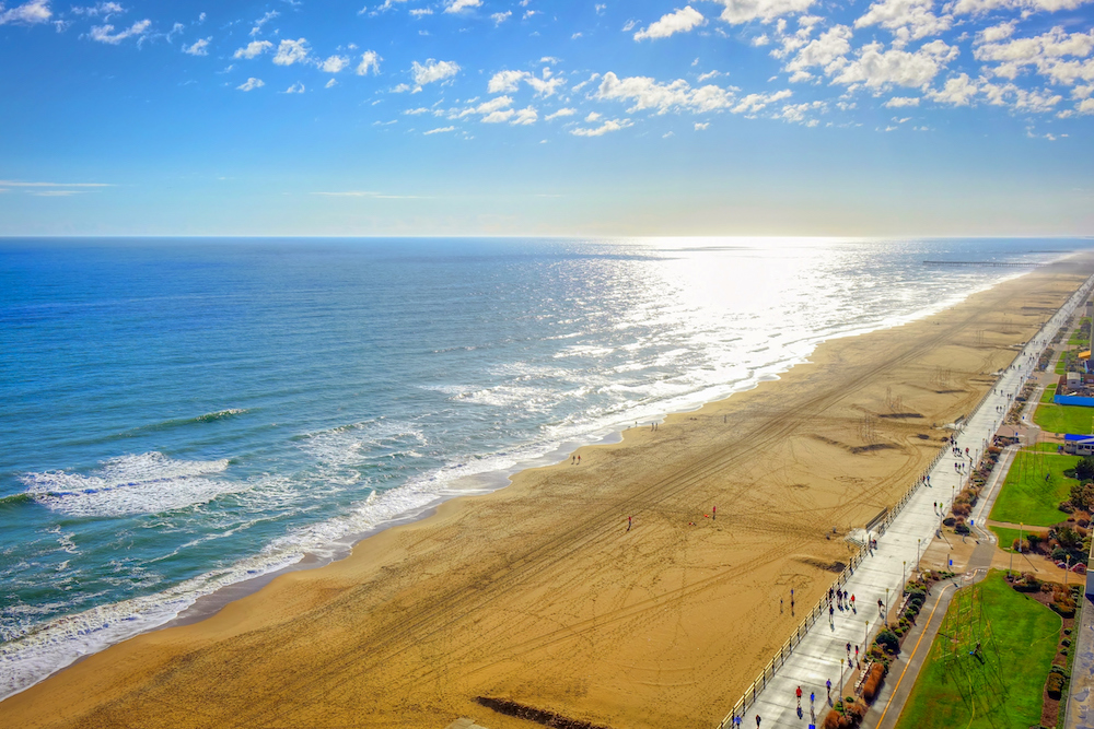 Virginia Beach Boardwalk | High aerial panoramic view | Virginia Beach, VA, USA.